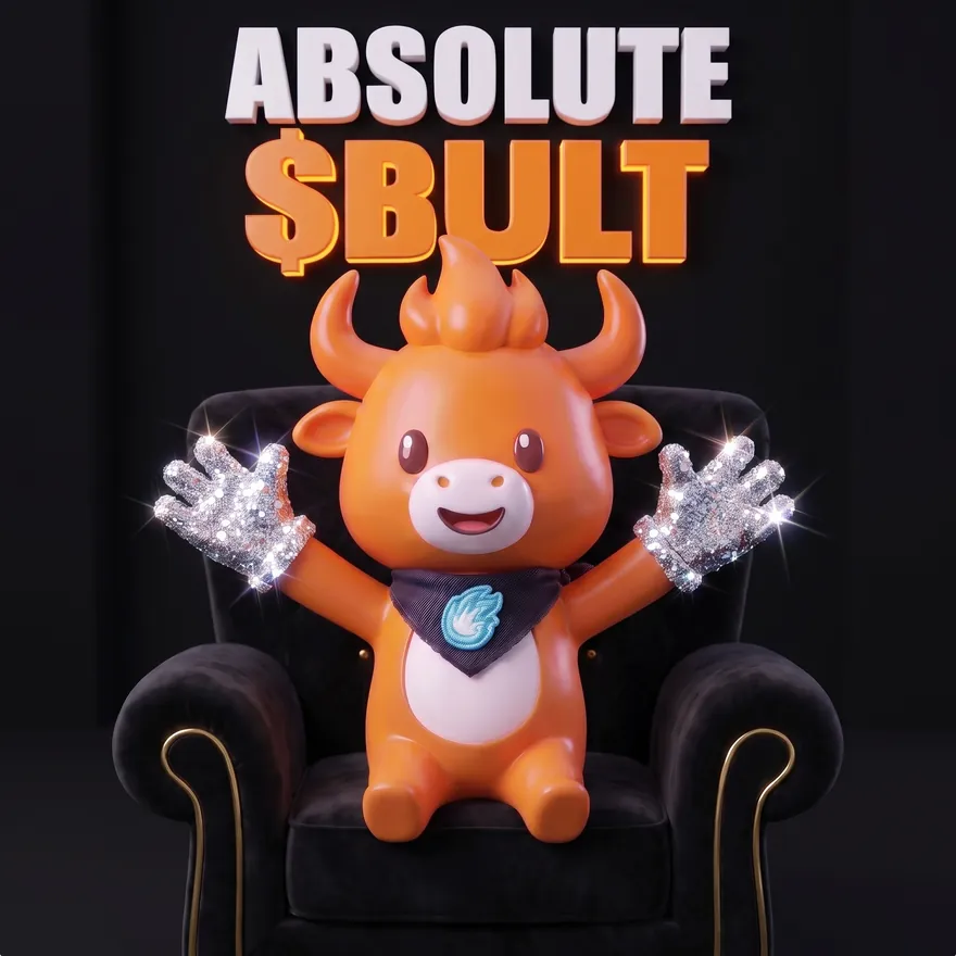 BULT in sparkly gloves on a velvet armchair under the words Absolute $BULT